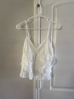 White Lace Tiered Ruffle Tank Top with Spaghetti Straps